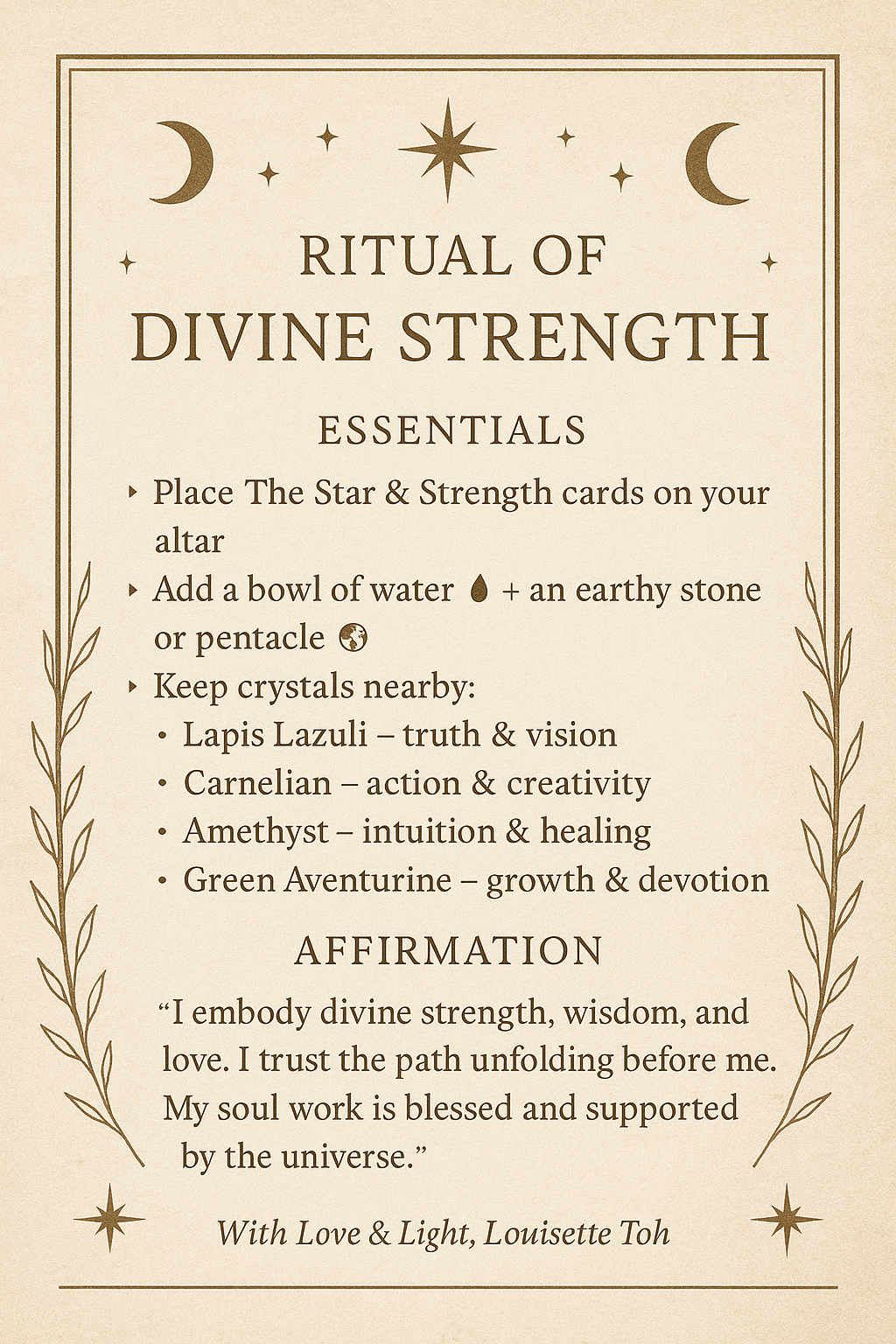 Ritual of Divine Strength Altar card printable Affirmation, Spiritual Decor, Tarot Inspired Ritual Tool